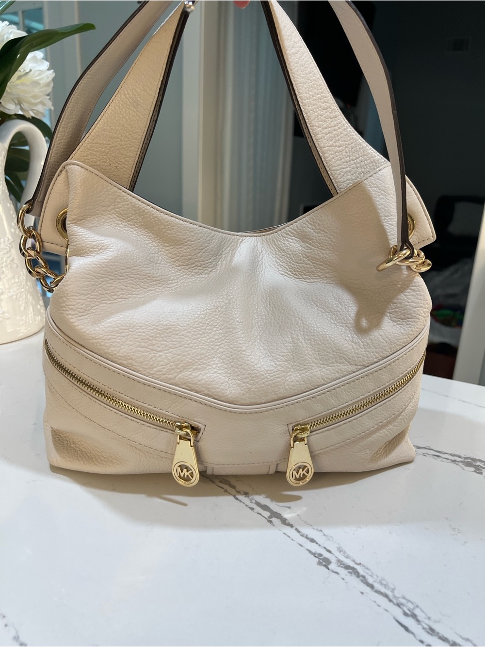 Michael Kors Jamesport Cream Leather Shoulder Hobo with Gold Hardware